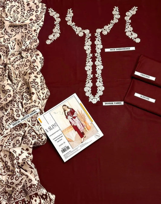 3 Pcs Women's Unstitched Embroidered Suit