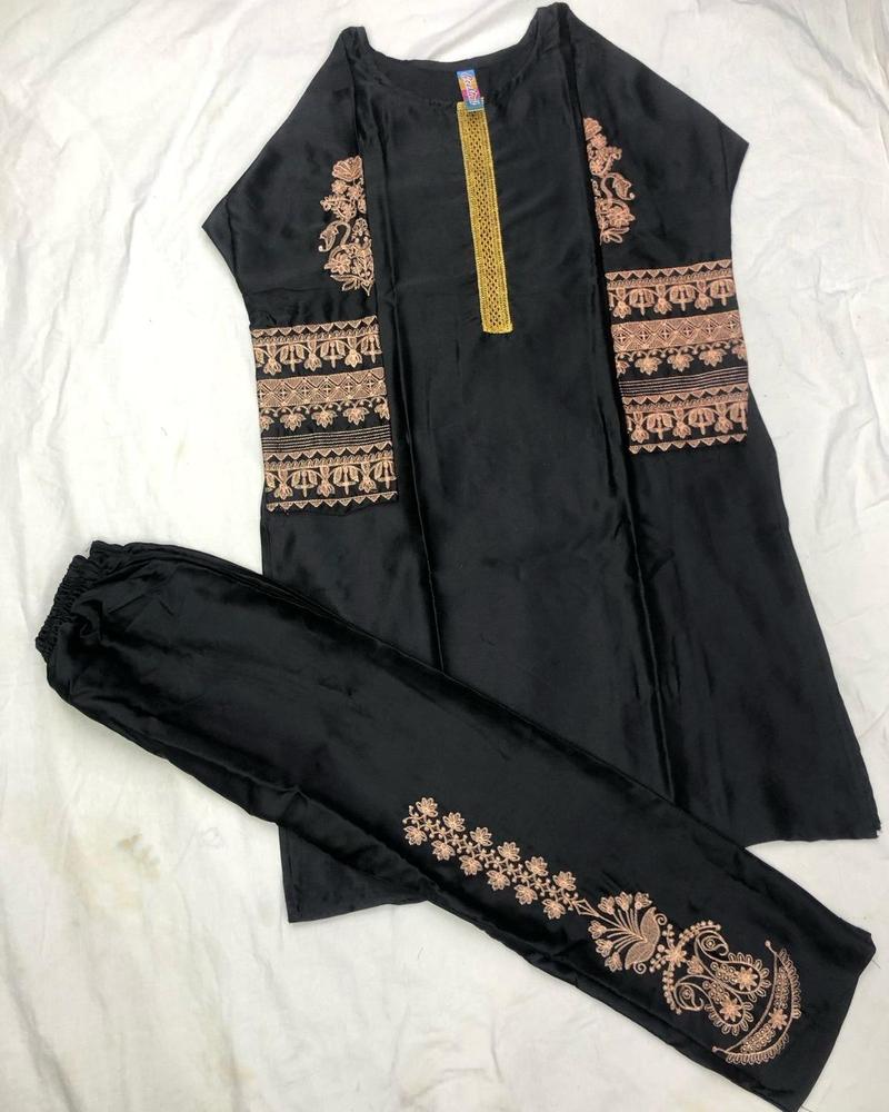 2 Pcs Womenâs Stitched Katan Silk Tilla Embroidered Suit