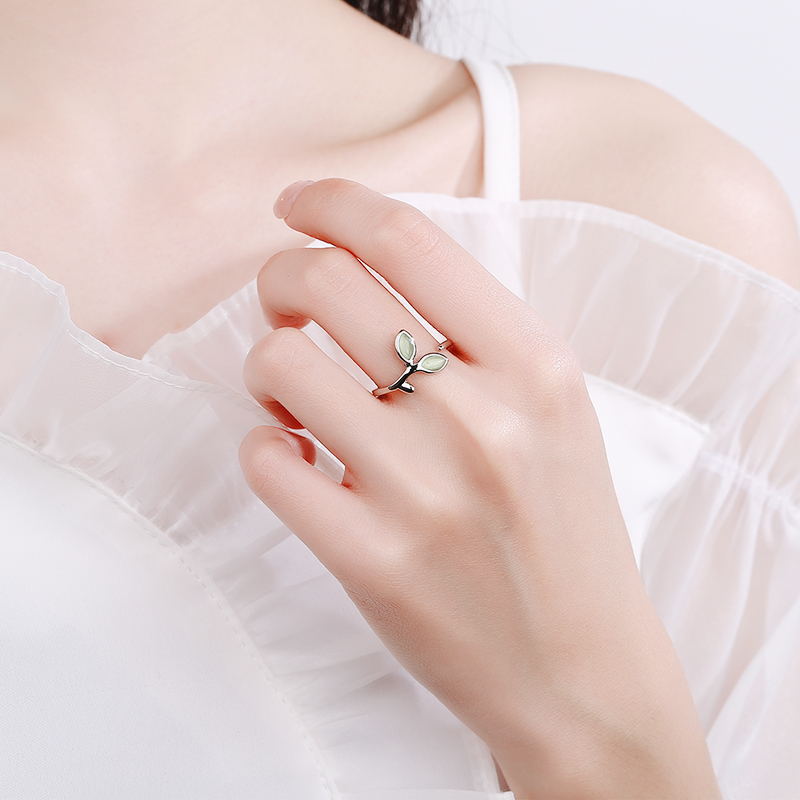 Valentine's Day Bud Green Leaf Open Ring Single Ring Japanese and Korean-style Small Fresh Mori Ring Super Fairy Cross-border Jewelry